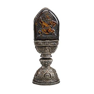 HIMALAYAN SILVER AND AMBER RELIQUARY