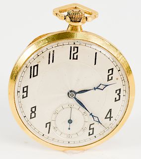 18 karat gold mens open face pocket watch, Swiss made, 43mm.  Provenance: Estate of Robert Rintoul, Guilford, Connecticut