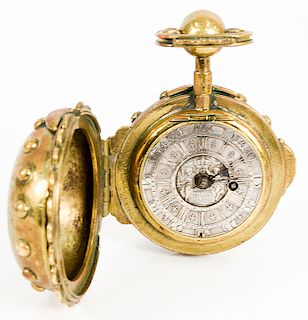 Michel Girard pocket watch having silvered dial with numbers and Roman numerals, center engraved with two figures holding a crown, g...