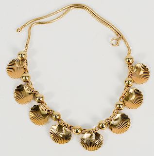 14 karat necklace with scallop shells and beads on plain gold chain.  lg. 15 3/8 in.