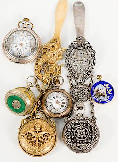 Group of six pocket and lapel watches to include green enameled silver, silver pair case, gold plated pair case with watch fob, silv...