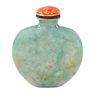 CHINESE JADEITE AND CORAL SNUFF BOTTLE