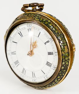 William Allam pocket watch having white enameled dial, gold hands and pair case with fusee movement and shagreen exterior case, work...
