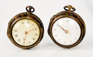 Two silver and tortoise shell pocket watches to include Richard Drew pocket watch with white enameled face and tortoise shell and pi...