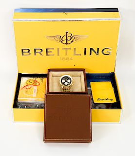 18 karat gold Breitling Chronometer Navitimer mens wristwatch with 18 karat band along with original boxes, books, and tag, model nu...