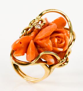 14 karat gold ring set with floral carved coral and one diamond.  overall size 23.7 x 38mm, size 6 1/2