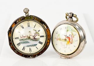 Two English silver cased pocket watches to include Berncastle of Lewes, George III silver case pocket watch, outer case tortoiseshel...