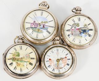 Four George III silver pair case pocket watches, white enameled dial painted with farm landscapes, one works marked: T.M. Jackson, L...