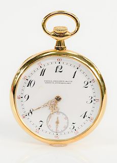 Patek Philippe 18 karat open face pocket watch, made for Tilden Thurber Co., Prov. R.I., monogrammed (several small hairlines).  44 mm