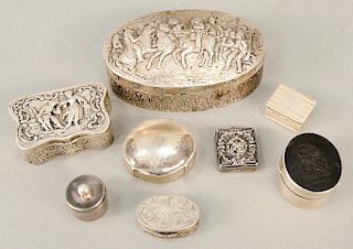 Eight silver Continental boxes including one with Leeds Pottery having Christie's East tag.  largest: 3" x 3 3/4",  12.7 t oz. (weight inclu...