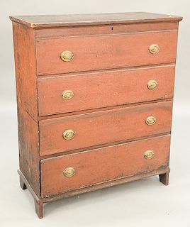 Queen Anne blanket chest having lift top over two false drawers over two drawers, set on boot jack ends, in old red paint.  ht. 48...