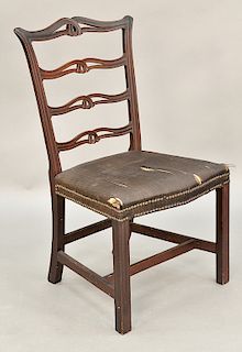 Mahogany Chippendale side chair having ribbon back with full upholstery, set on molded square legs, circa 1760. 