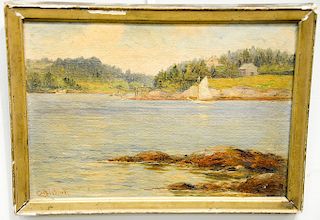 Evelyn Montague Bicknell (1857-1936),  oil on board,  Summer Landscape, tide out inlet with sailboat,  signed lower left: E. M...