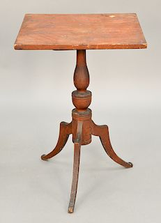Federal candlestand having square top on urn carved shaft on tripod base, in original red paint.  ht. 27 in., top: 18" x 18 3/4"