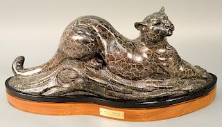 Gerald Balciar (b. 1942),  bronze with grey patina,  "Afternoon Sun",  cougar on granite and wood base,  signed, dated, and...