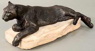 Donna Dobberfuhl (b. 1949),  bronze,  "Watching",  mountain lion on stone base,  signed and dated on back of bronze,  Mus...