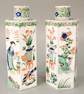 Pair of hexagonal Famille Verte covered jars, China, 20th century, painted in classic Kangxi style with figures of women and floral...