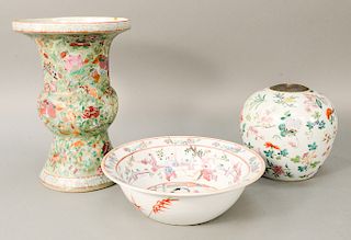 Three piece lot to include a Famille Rose basin, China 19th century, with central interior decoration of a woman surrounded by flowe...