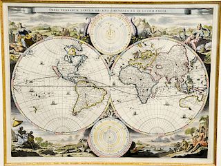 Hand colored engraved map, Keur-Orbis Terrarum tabula Recens Emendata Et In Lucem Edita Double-'Hemisphere World Map.  plate size...