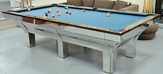 Custom contemporary chrome and rosewood 9 foot pool table, having chrome frame with rosewood or exotic wood rails, matching pool st...