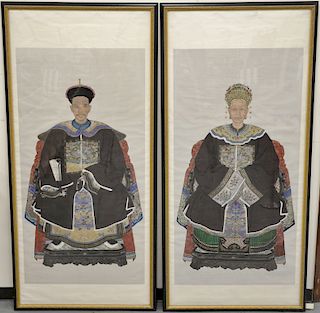 Pair of large framed ancestral portraits, China, Qing Dynasty, 19th/20th century, color on paper, both well painted and detailed port...