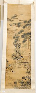 Scroll painting of women, ink and color on silk, depicting a musician playing a guzheng or “zither,” in a court...