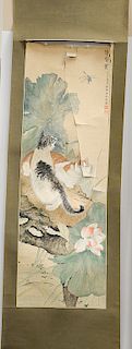 Scroll painting of cats, ink and color on paper of two cats eyeing a dragonfly amidst lotus blossoms, inscripti...