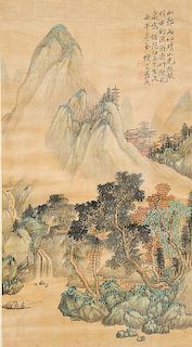 Chinese watercolor on silk, mountainous landscape signed top left, 18th/19th century.   image size 26 1/2" x 14 1/2"