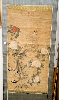 Large scroll painting of white phoenix (feng-huang) and red peonies,ink and color on paper, the phoenix or roo...