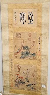 Three-panel scroll painting, ink and color on paper, the top panel with ancient style calligraphy (zhuan s...