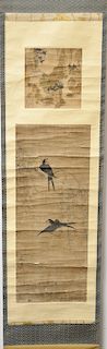 Two panel scroll painting, ink and color on paper, the top panel is a small landscape and the lower depicts two...