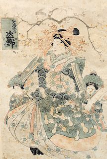 Japanese woodblock of a geisha, 18th or 19th century.  sight size: 14" x 8 3/4"