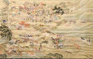 Framed painting of royal hunt, extremely well detailed account depicting possibly a Mongol Khan or ari...