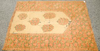Early textile prayer rug with large borders of fruit, probably 18th century (in some disrepair).  3'4" x 4'9"