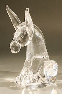Large Steuben glass donkey, crystal sculpture, designed by Lloyd Atkins.  ht. 9 1/2 in.  Condition: One ear repaired, otherwise...