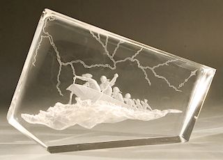 Steuben glass sculpture, "Lewis and Clark", boat in rough seas, 1970, signed: Steuben 3/25.  ht. 7 3/4 in., wd. 11 in.  Conditio...