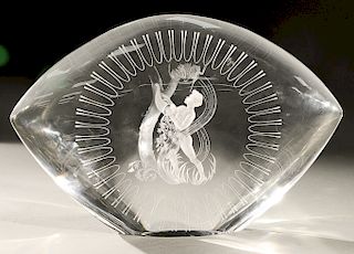 Steuben glass sculpture, etched crystal scene of a boy by a tree holding "Horn of Flowers", signed: Steuben, in red leather fitted c...