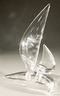 Steuben glass sculpture, "Sea Breeze" 1955, in red leather fitted box.  ht. 13 in.  Condition: highest tip with flea bite, inser...