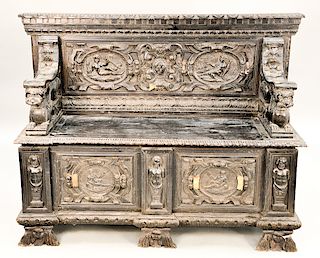 George I carved hall bench having carved putti, winged griffin arm supports, and lift top seat with carved figures, 17th - early 18t...