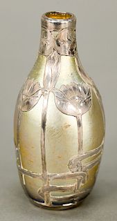 Art glass gold iridescent cabinet vase with heavy silver overlay.  ht. 4 1/2 in.  Provenance: Estate of Robert Rintoul, Guilford...