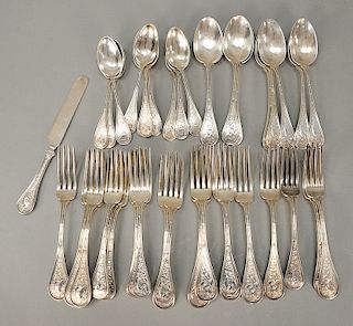 Starr & Marcus sterling silver flatware, Audubon pattern, forty-four total pieces to include 11 dinner forks, 11 lunch forks, 9 tablespoons, 12 teaspo