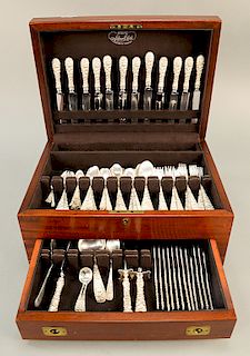 Stieff sterling silver repousse flatware set, Rose pattern, 115 total pieces, all in mahogany box to include 12 dinner forks, 12 salad forks, 18 dinne