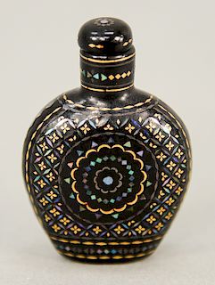 Black lacquer snuff bottle, China 19th/20th century, possibly for the Middle Eastern market with flecks of mother of pearl and brass...