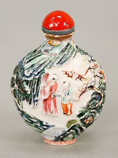 Famille Rose porcelain snuff bottle, China, 19th century, molded and carved with figures, glass stopper and with a four-character Ji...