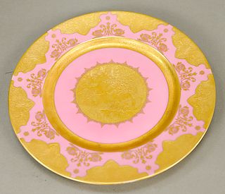 Set of fourteen Carlsbad porcelain art nouveau plates having pink ground with high relief gold gilt border around center having figu...