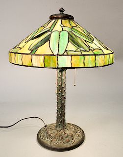 Duffner & Kimberly "Bamboo" table lamp, mosaic glass shade with bamboo leaves, over three lighted bronze bamboo base.  ht. 21 in.,...
