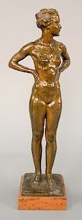Gustav Adolf Daumiller (1876-1962),  bronze,  "The Swimmer",  standing nude woman on marble base,  signed on bronze base: A....