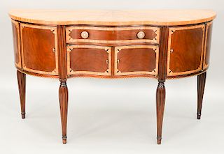 Council mahogany inlaid Sheraton style sideboard with sunburst inlaid top, inlaid door and drawer surrounds on turned and fluted leg...
