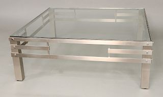 Large contemporary chrome steel and glass square coffee table, custom, possibly J. Robert Scott.  ht. 17 in., top: 48" x 48"  Pr...