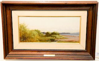 Aaron Draper Shattuck (1832-1928),  oil on canvas,  "Near Peak's Island, Maine Coast 1858",  shore foliage and the coast,  u...